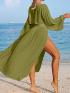 Conjunto Cropped Manga Ampla Saia Longa Fenda