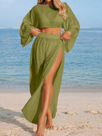 Conjunto Cropped Manga Ampla Saia Longa Fenda
