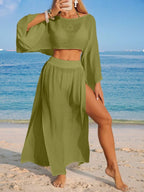 Conjunto Cropped Manga Ampla Saia Longa Fenda