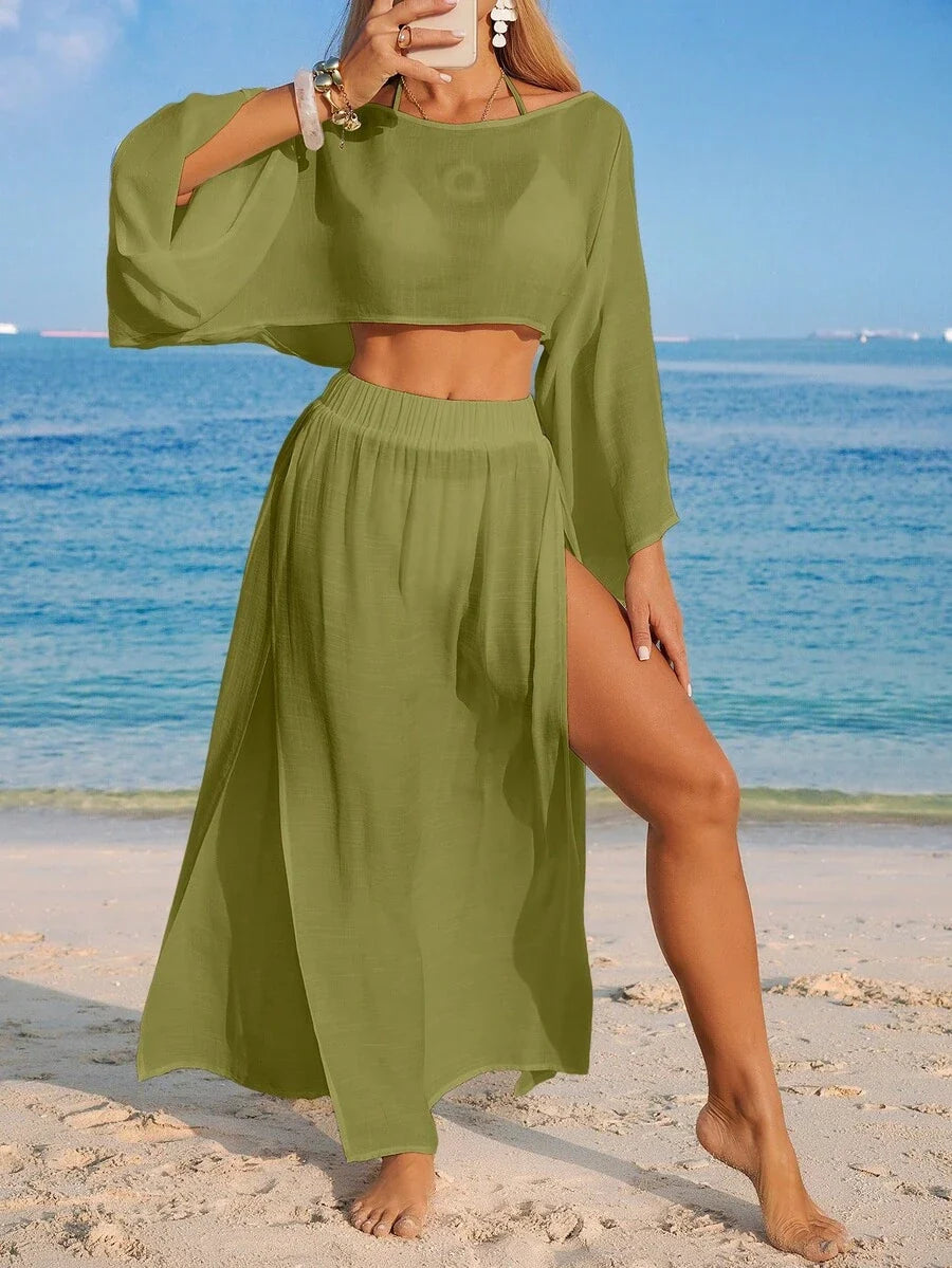 Conjunto Cropped Manga Ampla Saia Longa Fenda