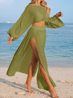 Conjunto Cropped Manga Ampla Saia Longa Fenda