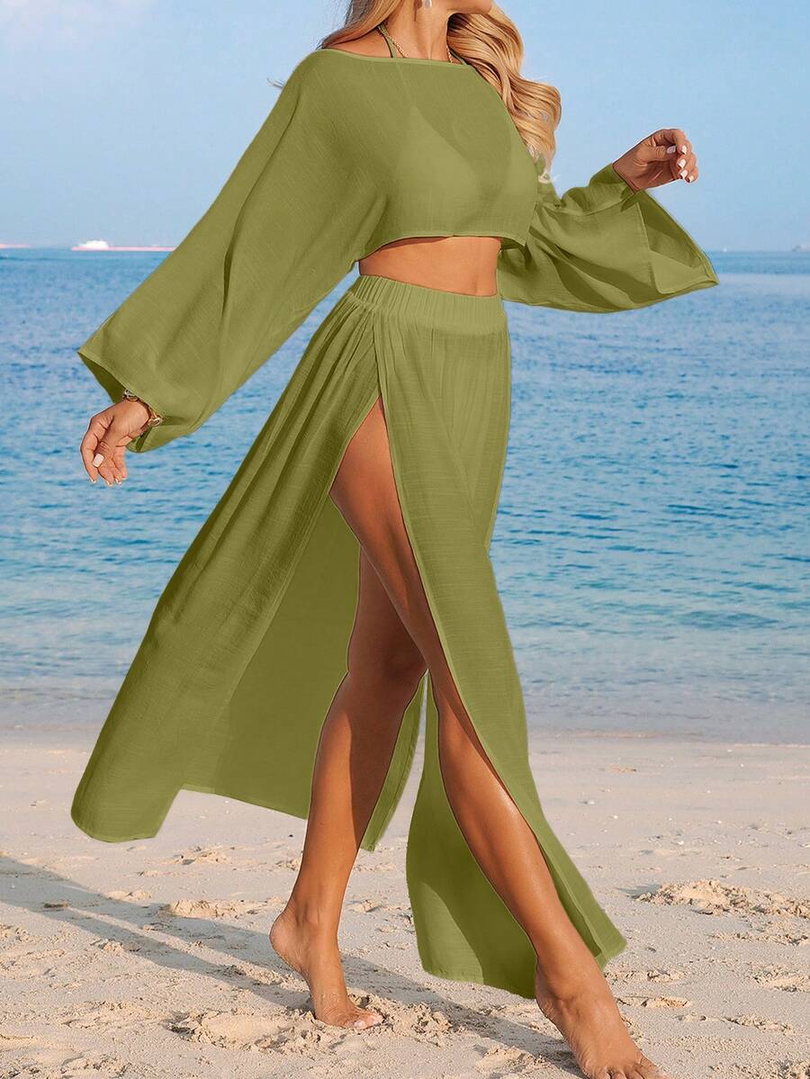 Conjunto Cropped Manga Ampla Saia Longa Fenda