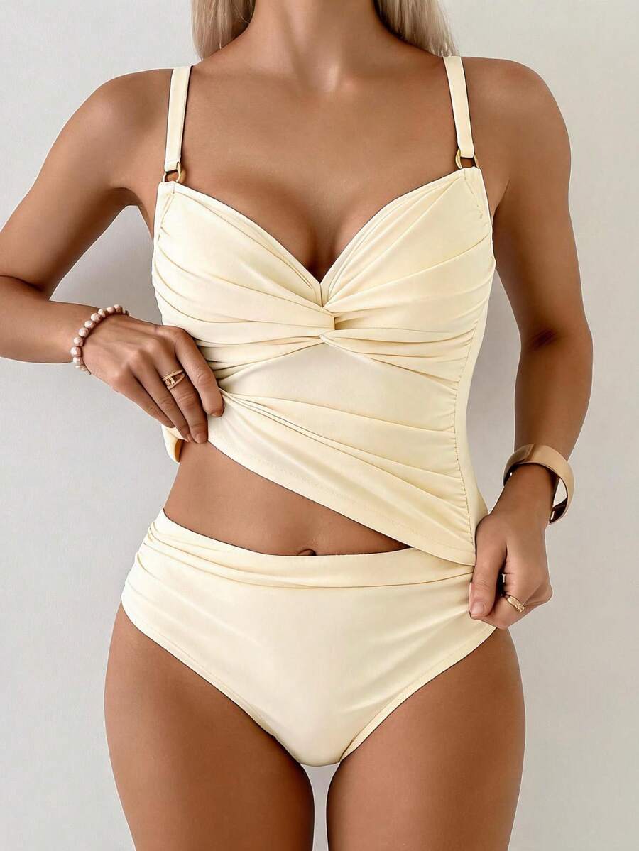 Tankini Torção Frontal Franzido Anel Dourado