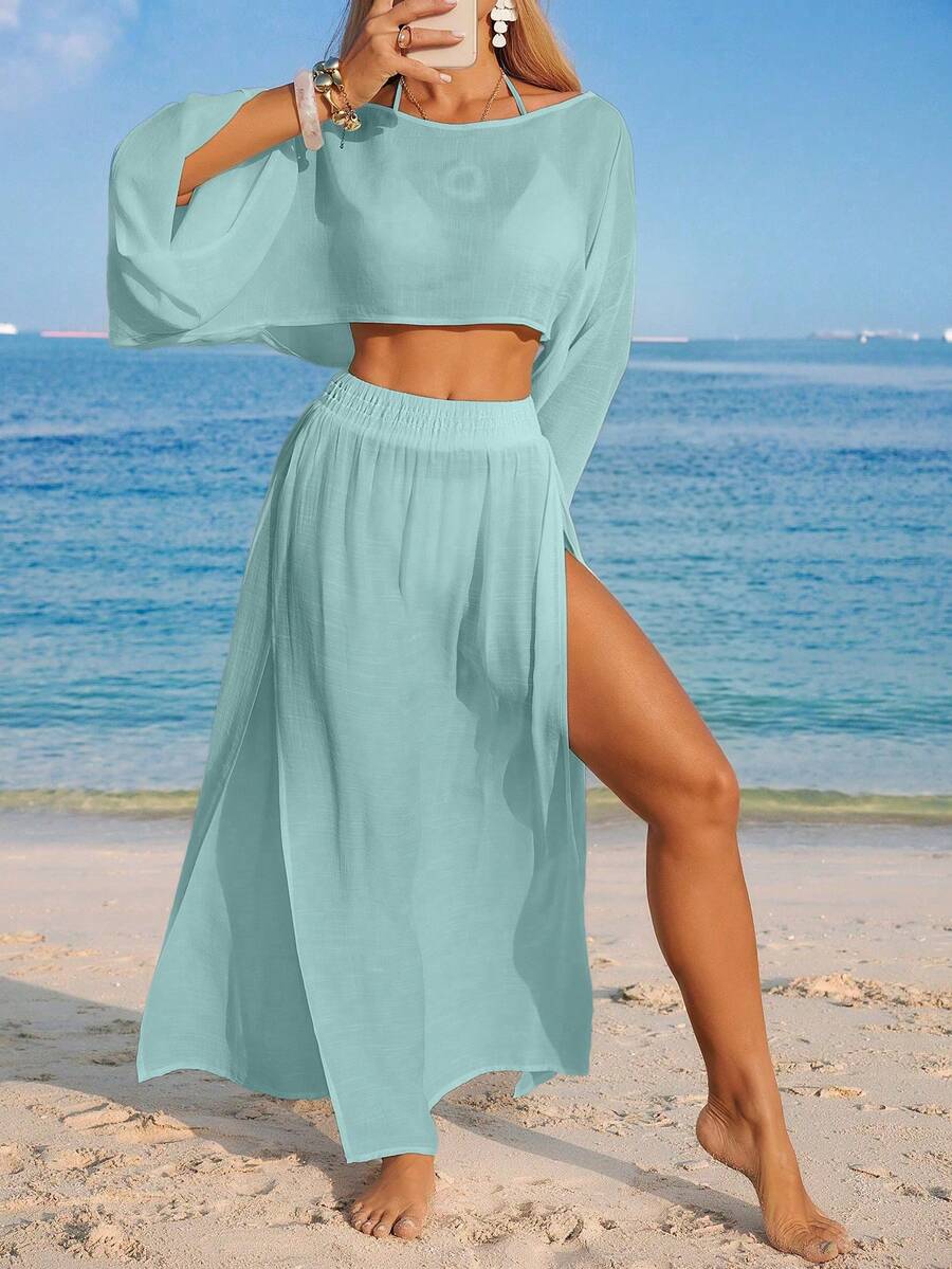 Conjunto Cropped Manga Ampla Saia Longa Fenda