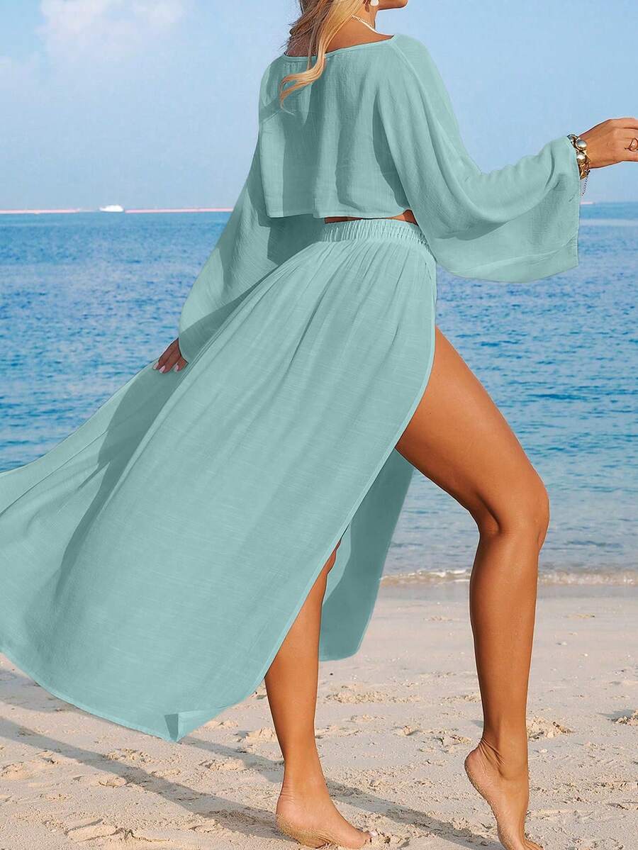 Conjunto Cropped Manga Ampla Saia Longa Fenda