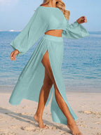 Conjunto Cropped Manga Ampla Saia Longa Fenda