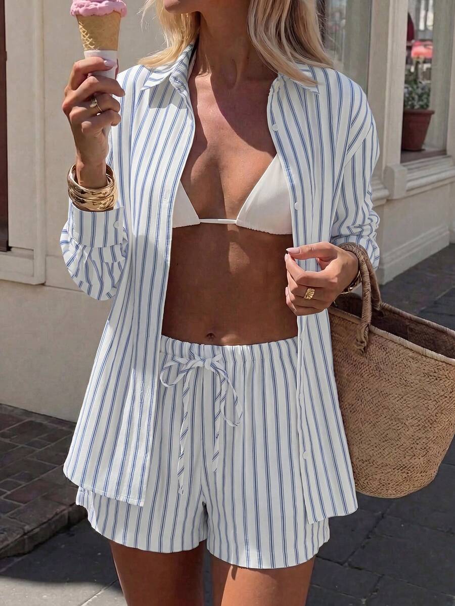 Conjunto Camisa Chiffon Listrada com Shorts