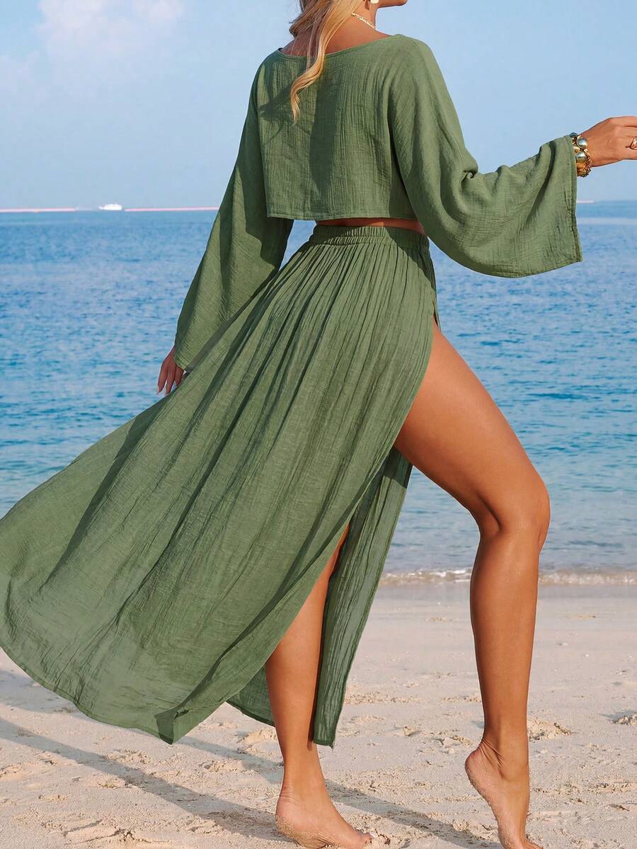 Conjunto Cropped Manga Ampla Saia Longa Fenda