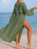 Conjunto Cropped Manga Ampla Saia Longa Fenda