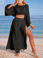 Conjunto Cropped Manga Ampla Saia Longa Fenda
