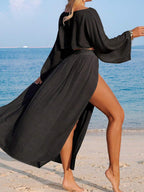 Conjunto Cropped Manga Ampla Saia Longa Fenda