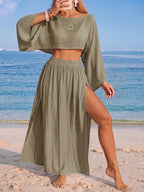 Conjunto Cropped Manga Ampla Saia Longa Fenda