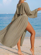 Conjunto Cropped Manga Ampla Saia Longa Fenda