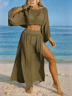 Conjunto Cropped Manga Ampla Saia Longa Fenda