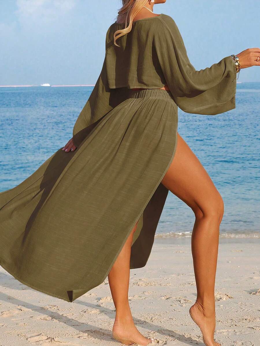 Conjunto Cropped Manga Ampla Saia Longa Fenda