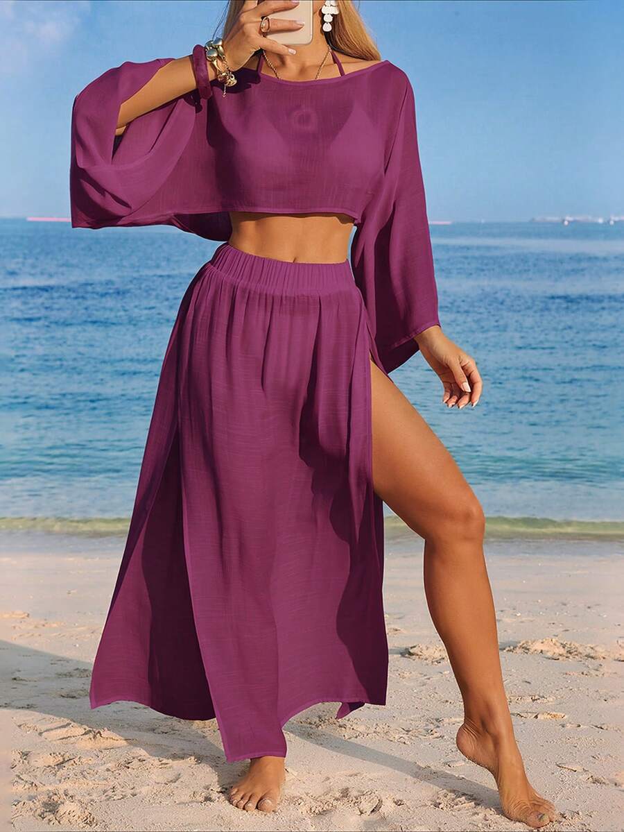 Conjunto Cropped Manga Ampla Saia Longa Fenda