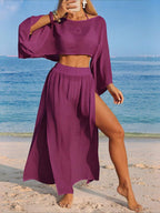 Conjunto Cropped Manga Ampla Saia Longa Fenda