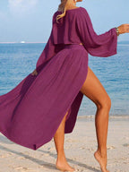 Conjunto Cropped Manga Ampla Saia Longa Fenda