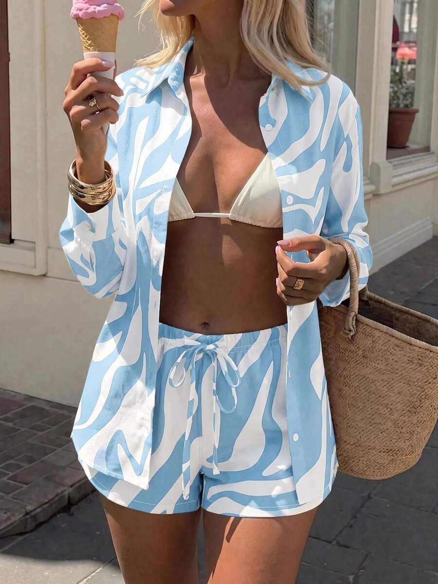 Conjunto Camisa Chiffon Listrada com Shorts