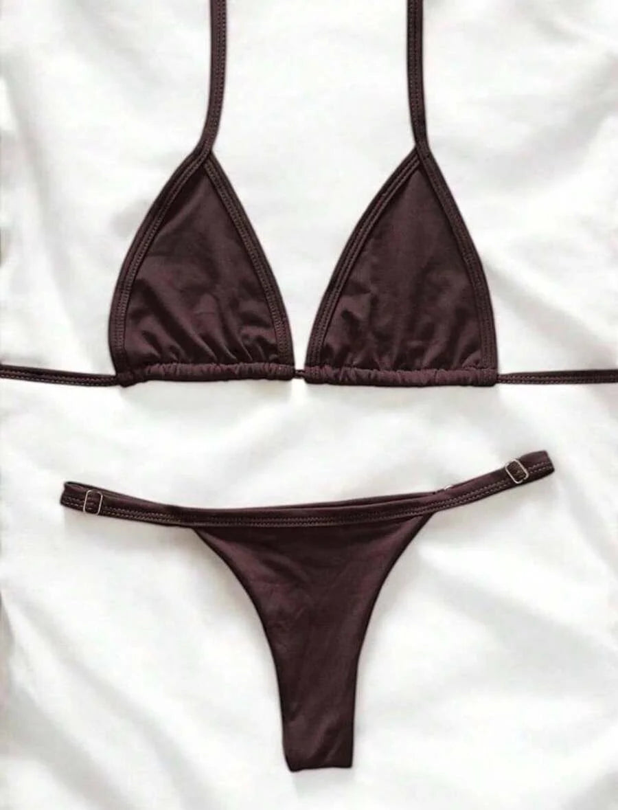 Biquíni Cor Sólida Tanga Alças Finas Cintura Contrastante
