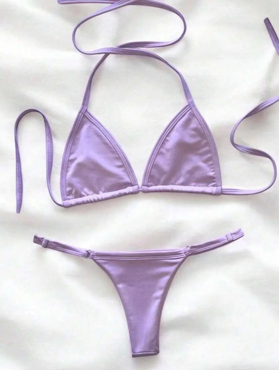 Biquíni Cor Sólida Tanga Alças Finas Cintura Contrastante