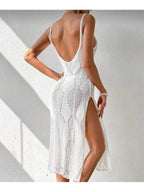 Vestido Tricô Praia Acinturado Fendas Laterais