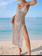 Vestido Tricô Praia Acinturado Fendas Laterais