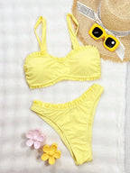 Biquíni Amarelo Babado Frontal Fivela Corte Alto