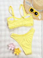 Biquíni Amarelo Babado Frontal Fivela Corte Alto