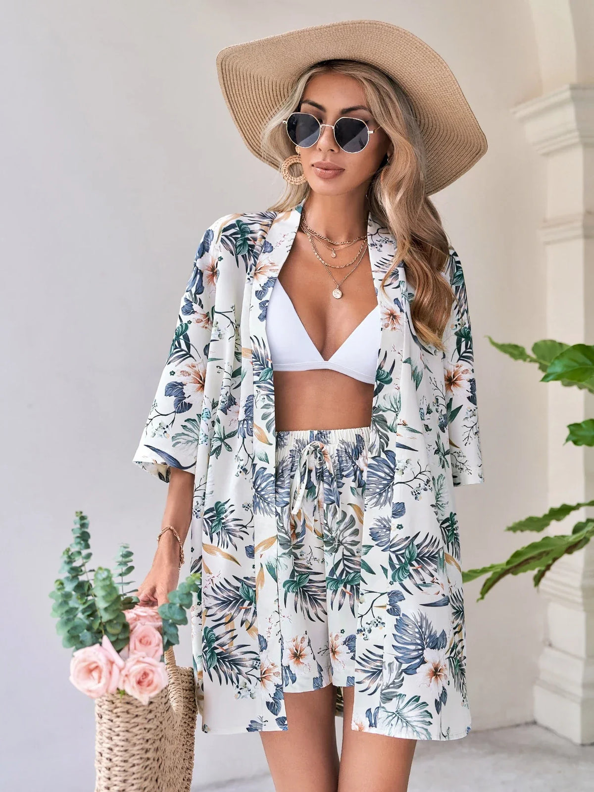 Conjunto 2 Peças Blusa Tropical Gola de Xale Costa Tropical — fotografia 6 | Mar & Pérola