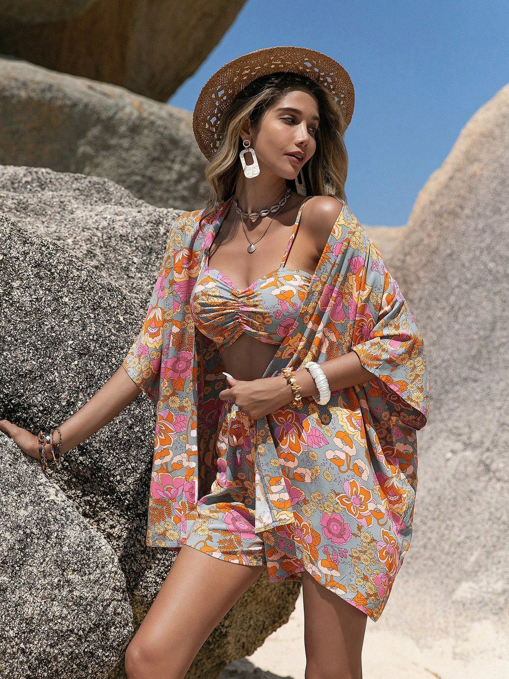 Conjunto 3 Peças Kimono Floral Boho Flor de Maré — fotografia 5 | Mar & Pérola