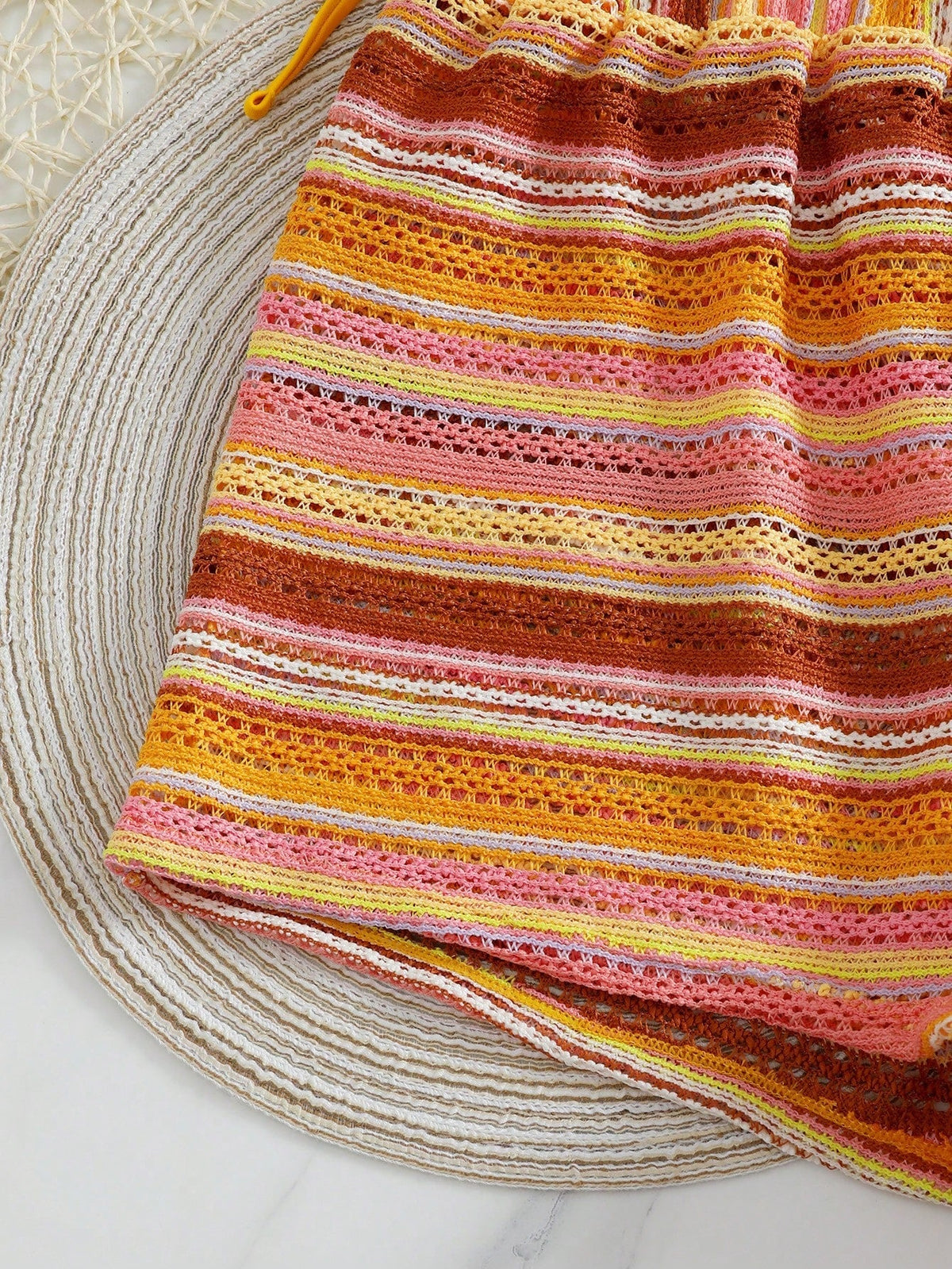 Conjunto Biquíni Boho Capa Crochê 3 Peças Listrado