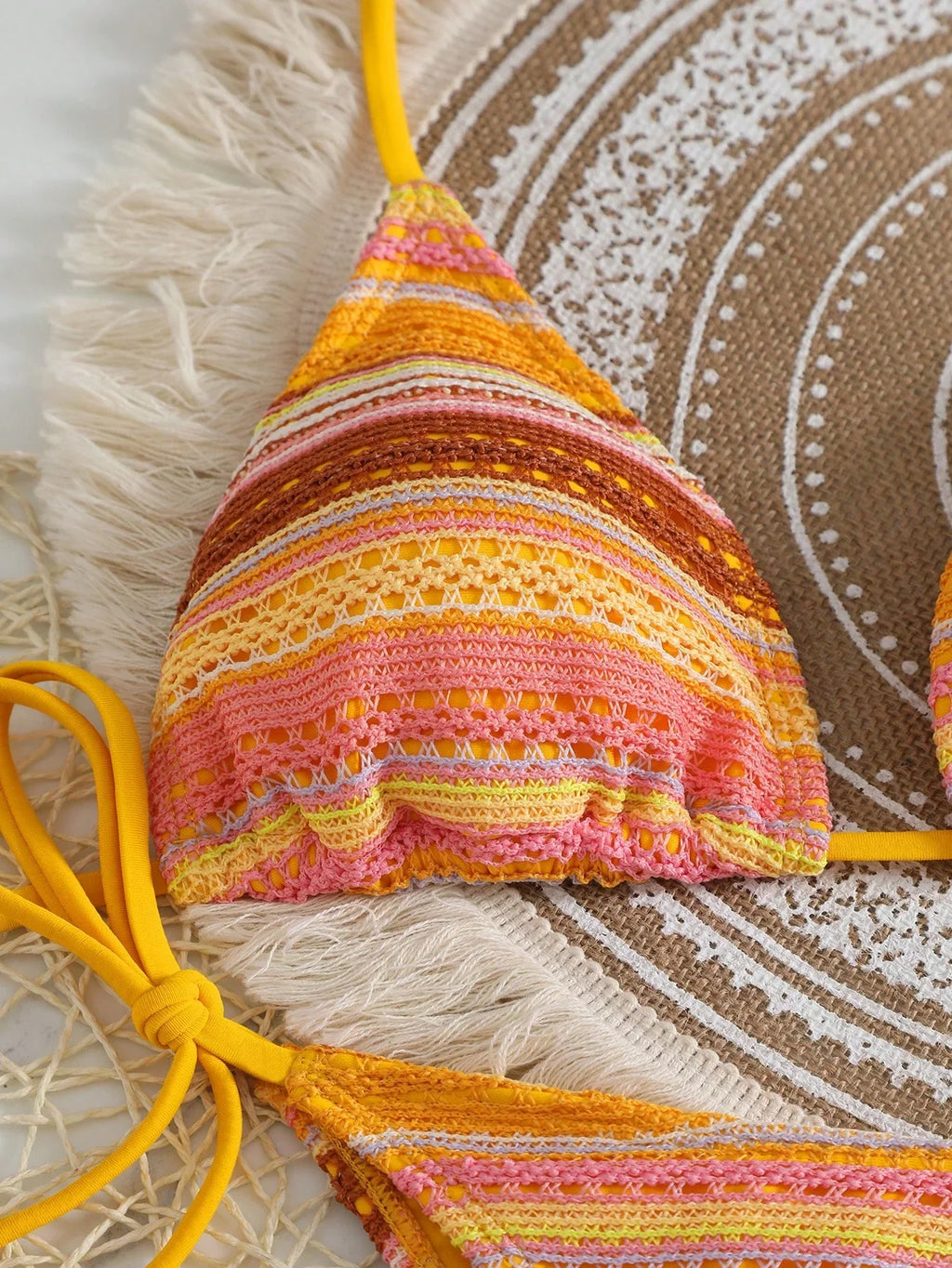 Conjunto Biquíni Boho Capa Crochê 3 Peças Listrado