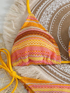 Conjunto Biquíni Boho Capa Crochê 3 Peças Listrado