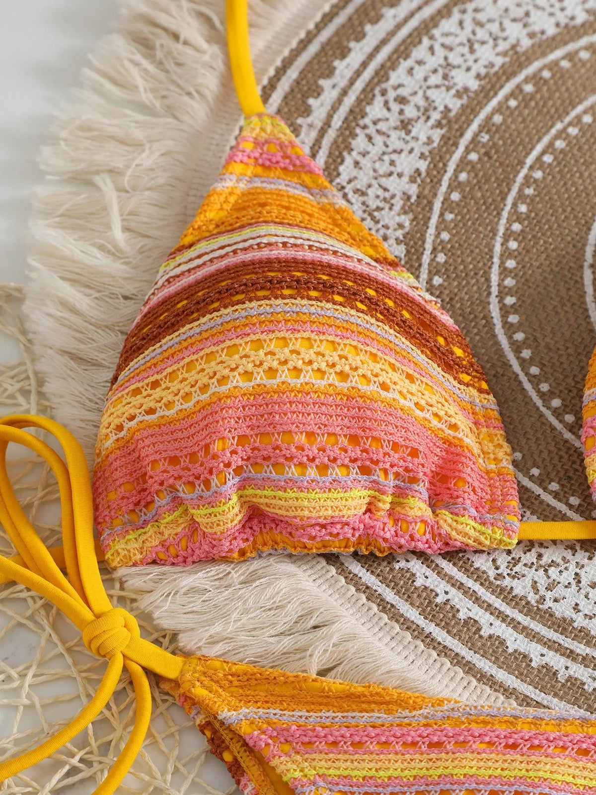 Conjunto Biquíni Boho Capa Crochê 3 Peças Listrado