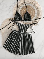 Conjunto Biquíni Boho Capa Crochê 3 Peças Listrado