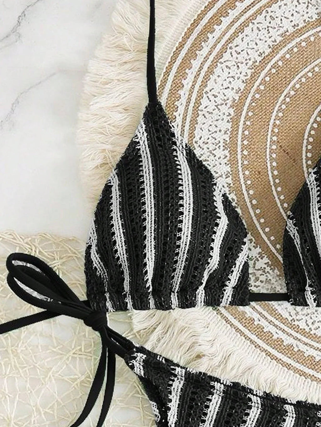 Conjunto Biquíni Boho Capa Crochê 3 Peças Listrado