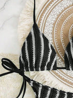 Conjunto Biquíni Boho Capa Crochê 3 Peças Listrado
