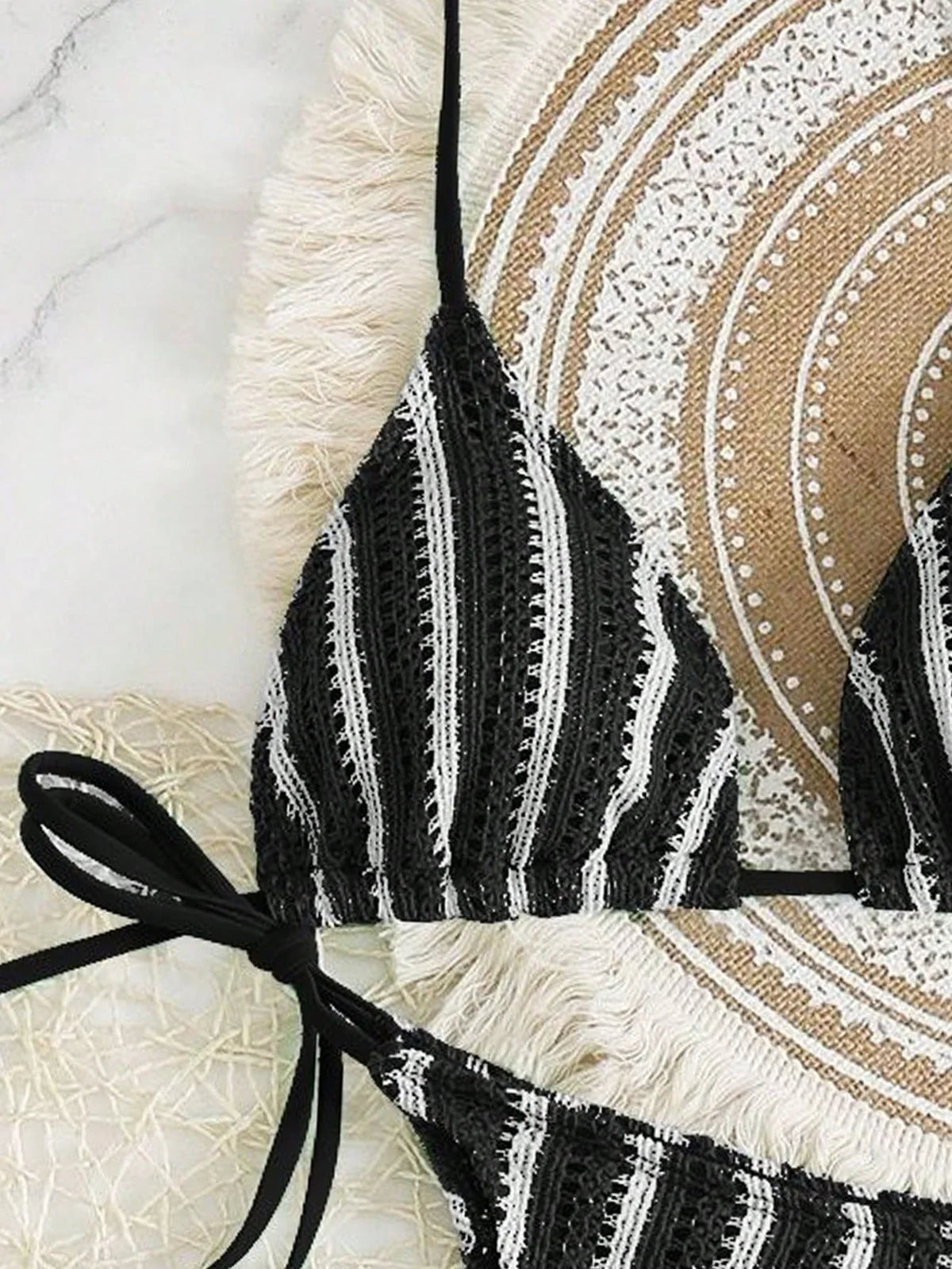 Conjunto Biquíni Boho Capa Crochê 3 Peças Listrado