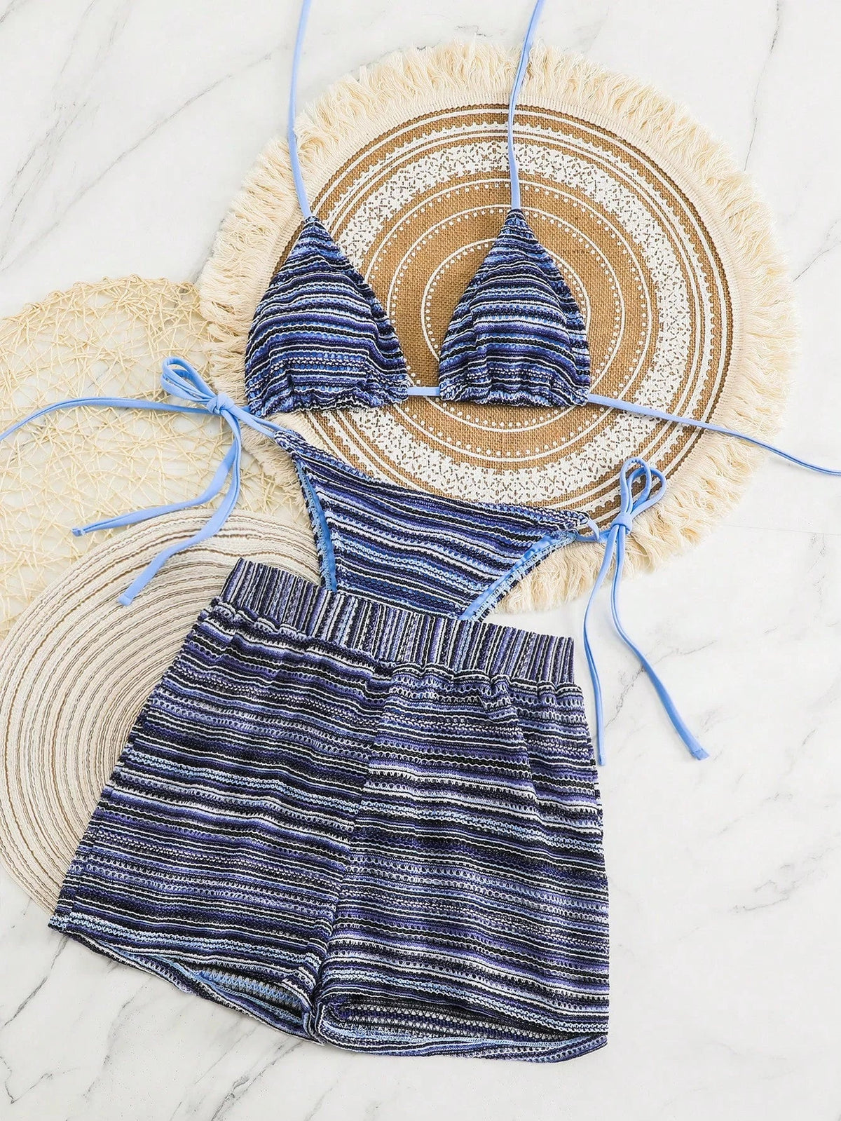 Conjunto Biquíni Boho Capa Crochê 3 Peças Listrado