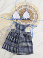 Conjunto Biquíni Boho Capa Crochê 3 Peças Listrado