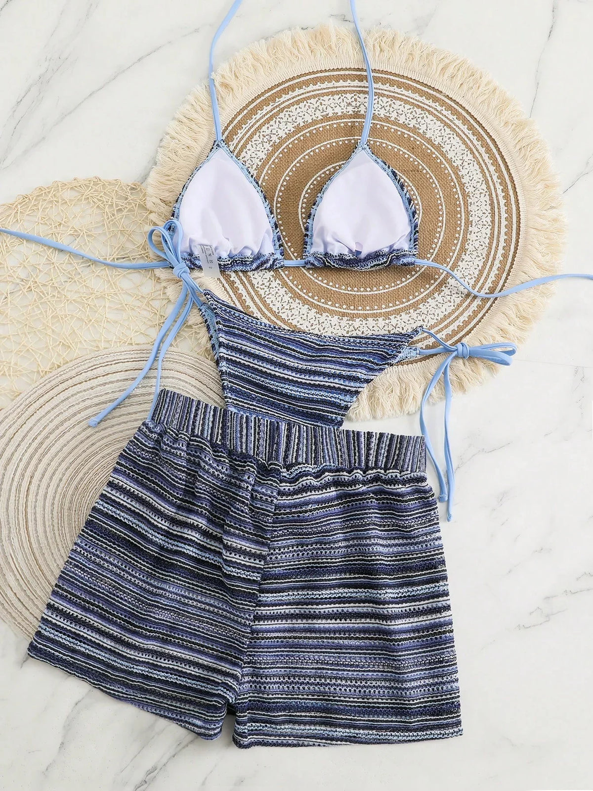 Conjunto Biquíni Boho Capa Crochê 3 Peças Listrado