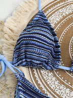 Conjunto Biquíni Boho Capa Crochê 3 Peças Listrado