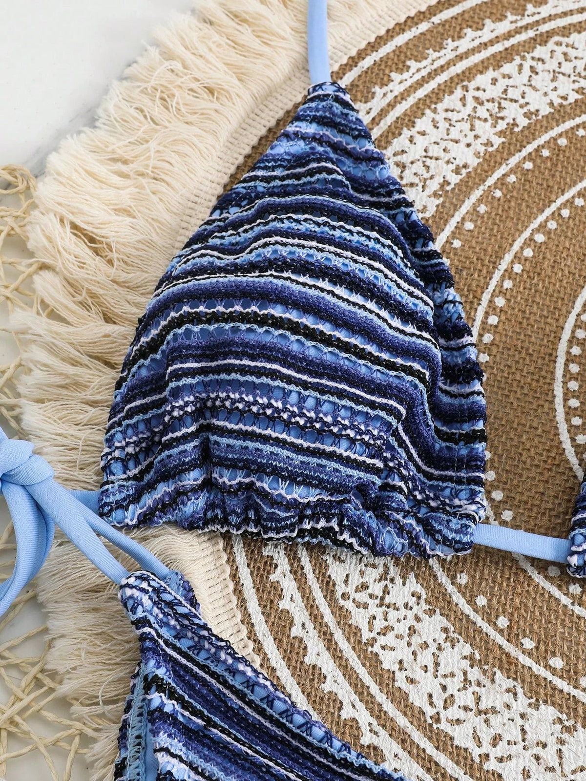 Conjunto Biquíni Boho Capa Crochê 3 Peças Listrado