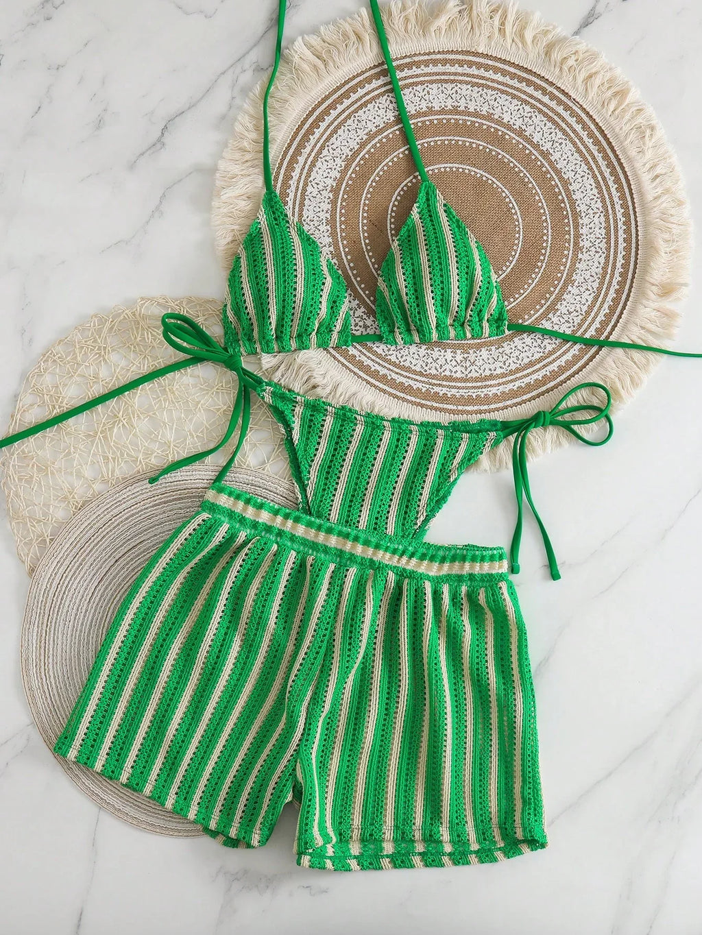 Conjunto Biquíni Boho Capa Crochê 3 Peças Listrado