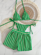 Conjunto Biquíni Boho Capa Crochê 3 Peças Listrado