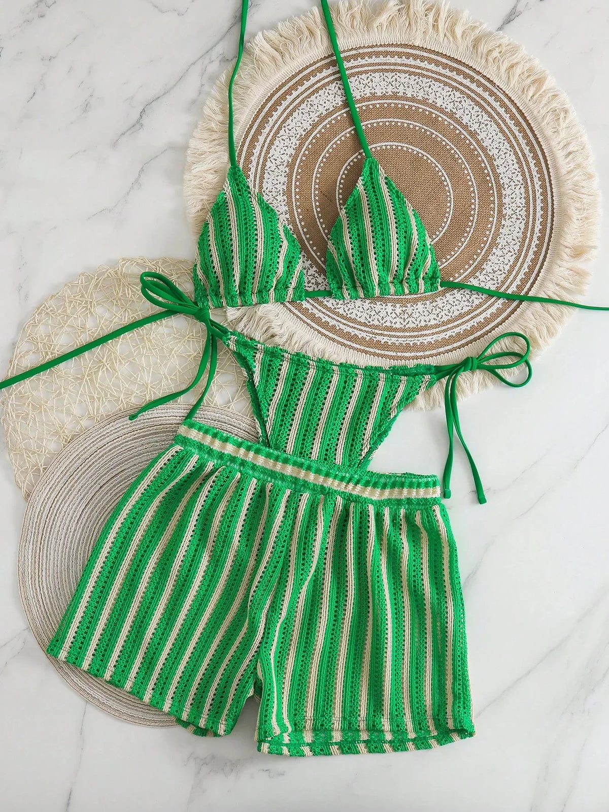 Conjunto Biquíni Boho Capa Crochê 3 Peças Listrado