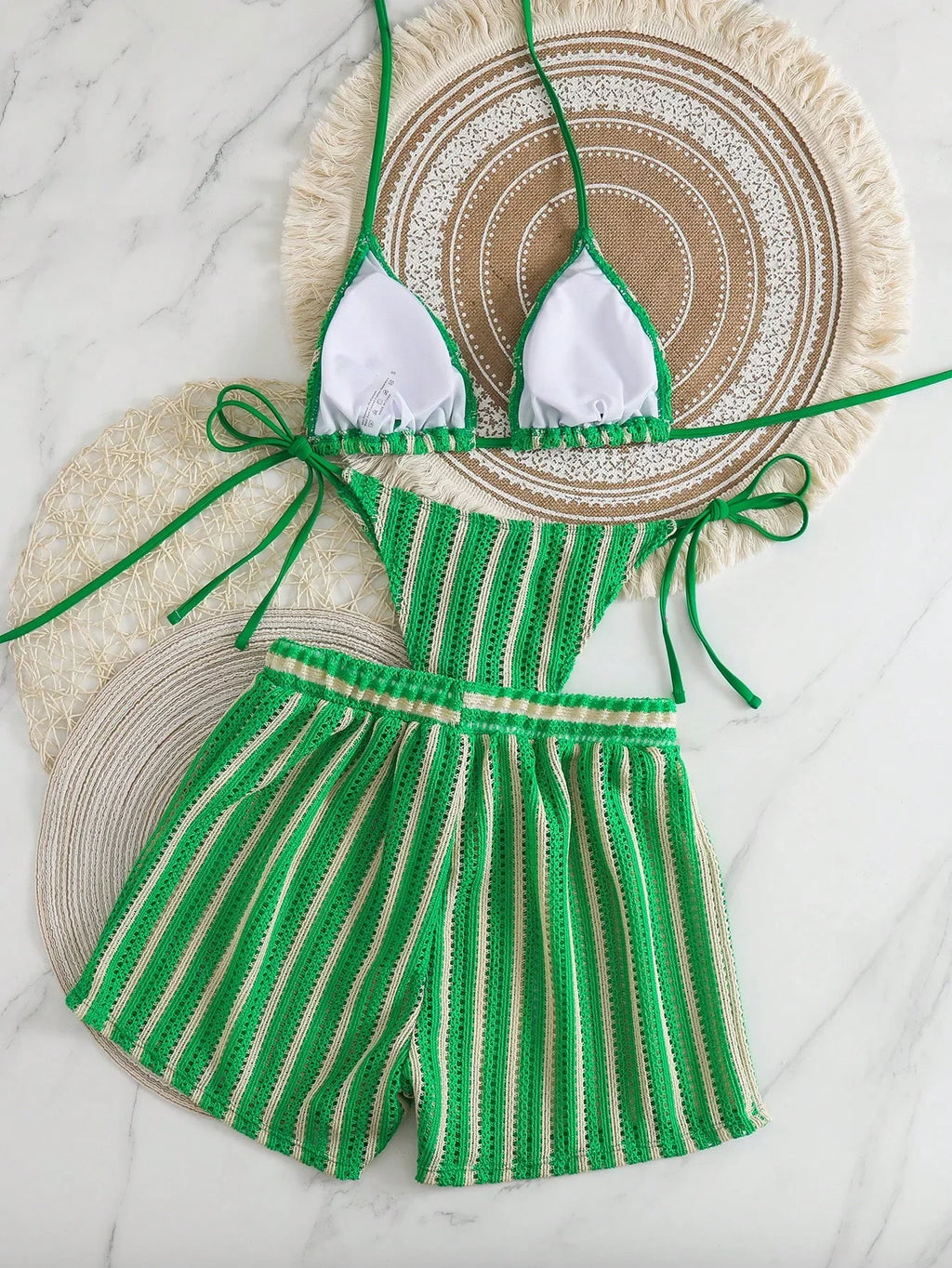 Conjunto Biquíni Boho Capa Crochê 3 Peças Listrado