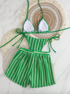 Conjunto Biquíni Boho Capa Crochê 3 Peças Listrado
