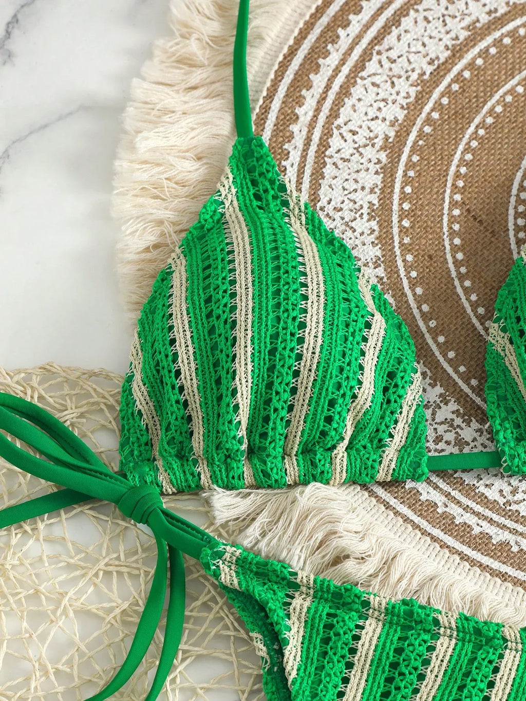 Conjunto Biquíni Boho Capa Crochê 3 Peças Listrado